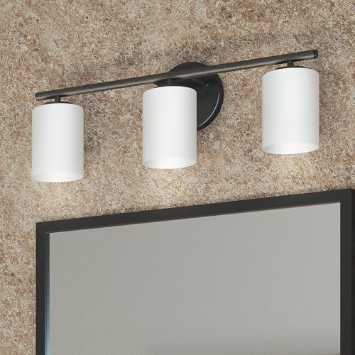 Image of Progress Lighting 3-Light Etched Glass Modern Bath Vanity Light, Replay Collection, Indoor, P2159-31, Textured Black