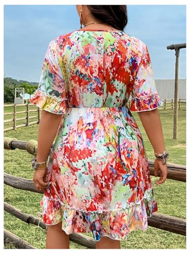 Image of SOLY HUX Women's Plus Size Boho Floral Print Short Sleeve Dress Ruffle Hem V Neck Short Dresses