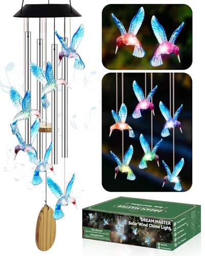 Mothers Day Mom Gifts, Solar Wind Chimes for Outside, Gifts for Mom Grandma Wife, Solar Hummingbird Light Outdoor Hanging for Yard Garden Decoration, Automatic Color Changing, Blue Bird