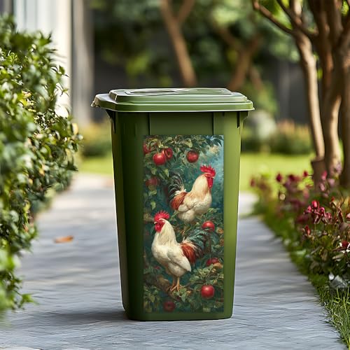Image of 14.6x32.3 Inch Trash Can Cover Trash Can Stickers Garbage Can Decoration - Roosters on Apple Tree Design for Outdoor Trash bin Decor