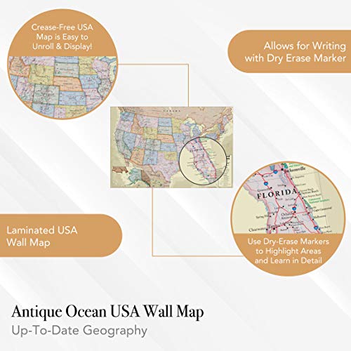 Waypoint Geographic Wall Map Of The Usa With Antique Ocean - Poster Size Wall Art (24" X 36") - Us Highways And Current Up To Date Geography, Ships Rolled And Laminated #TOP3