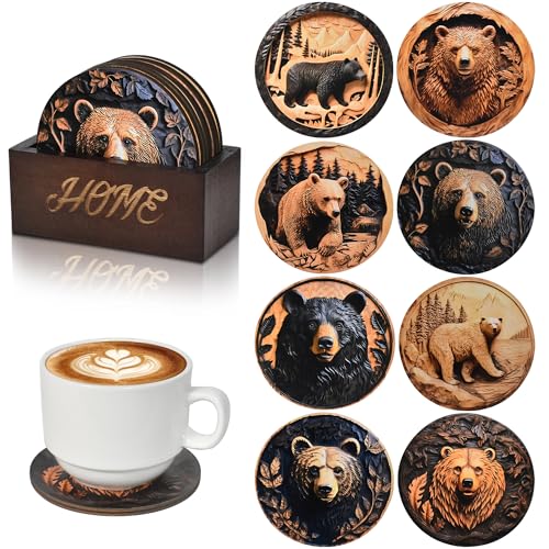 Bar Coaster Set, Drink Coaster for Home Decor, Wood Coffee Coasters (Bear)