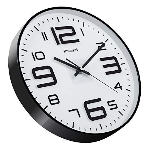 Plumeet Silent Wall Clocks - 12" Non-Ticking Quartz Large Decorative Clocks - Big 3D Number Good for Living Room Home Office Battery Operated (White)