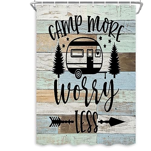 Image of Boziqr Camper RV Shower Curtain Travel Trailer Bathroom Accessories Decor Country Wooden Board Farmhouse Rustic Camping Shower Stall Curtains 47x64 Inches