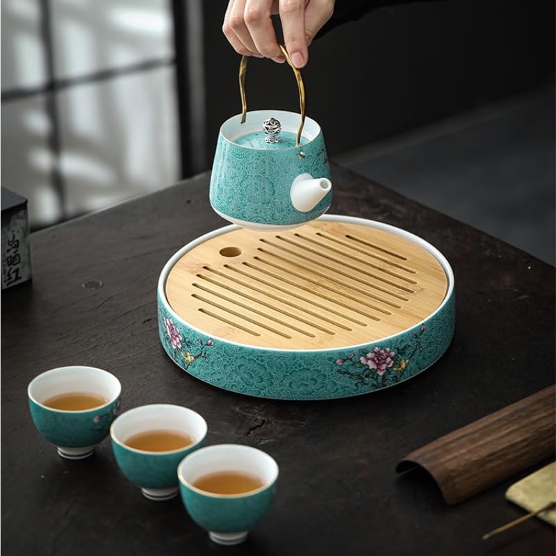 Plateau à thé rond en émail coloré avec égouttoir pour service Kung Fu