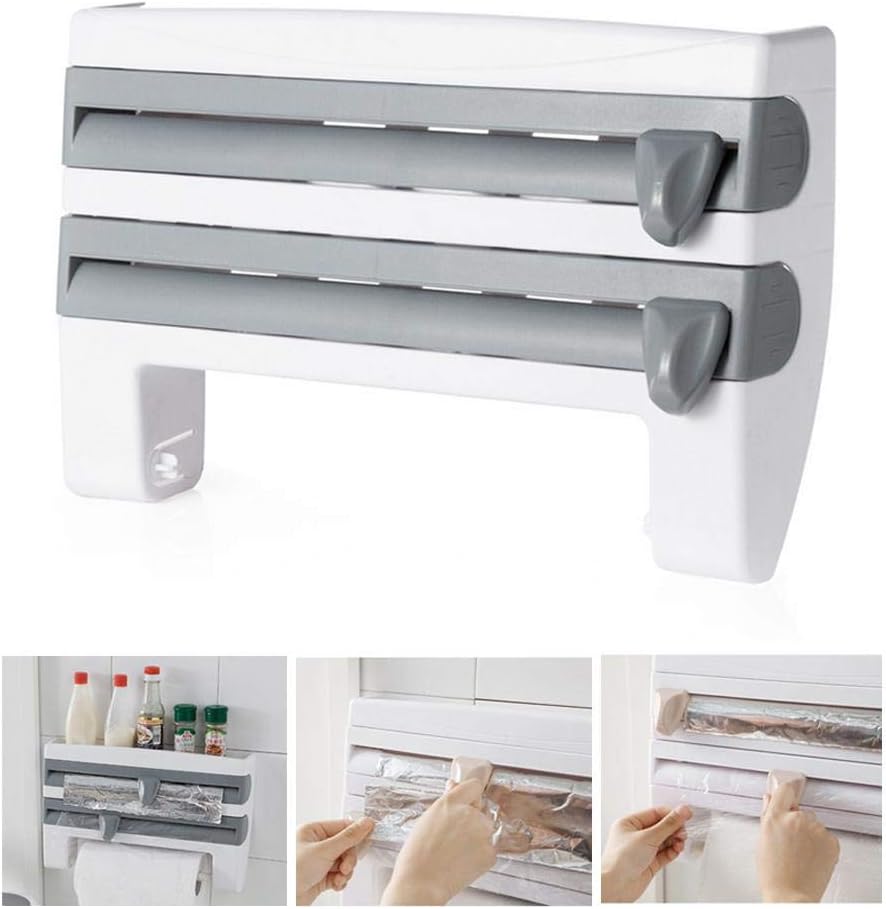 Wall-Mounted Paper Towel Holder with Shelf Adhesive Wall Mount 4-in-1 Plastic Wrap and Foil Dispenser with Spice Rack Cling Film Holder for Kitchen Shower Bathroom Organizer Storage