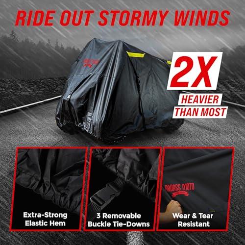 Image of Badass Moto Gear ATV Cover, Heavy Duty Industrial Grade Engineered For All Weather Protection, Waterproof, Night Reflective, Zipper Tank Access From Outside, Storage Bag, Trailer Safe, MEDIUM 85 ' Long | Fits ATVs like Polaris Sportsman 570 & 450 H.O, Suzuki KingQuad 400 & Kawasaki Brute Force 300, easy access zipper