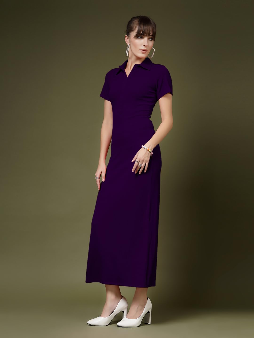 Oomph Women's Western & Fusion Wear Stretchable Ribbed Lycra Shirt Dress For Women, Bodycon, Purple - Md1008