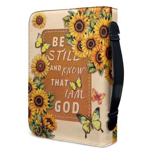 Dellukee Bible Cover Case for Women Butterfly Sunflowers Be Still and Know That I Am God Print Leather Bible Tote Bags Study Accessories2