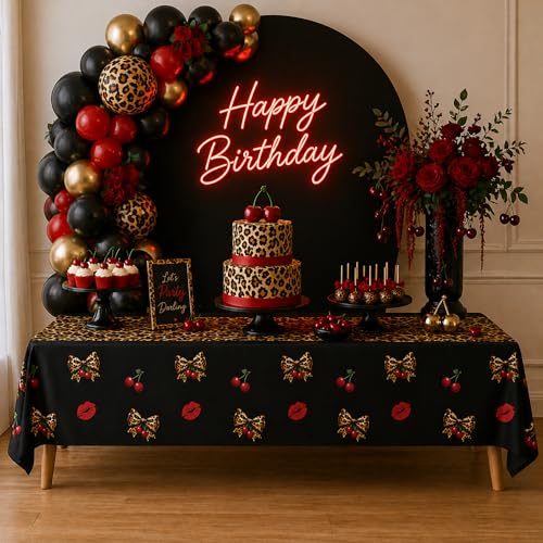 Image of Blue Orchards Cheetah Cherry Table Cover (Pack of 3) 108 inch x 54 inch - Trendy Cheetah Cherry Table Decoration, Aesthetic Accent and Backdrop, Party Setter, Decorative Animal Party Accent