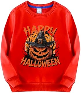 سويت شيرت للهالوين، بلوفر قطني احمر بتصميم قبعة ساحرة على شكل اليقطين، مقاس (S)