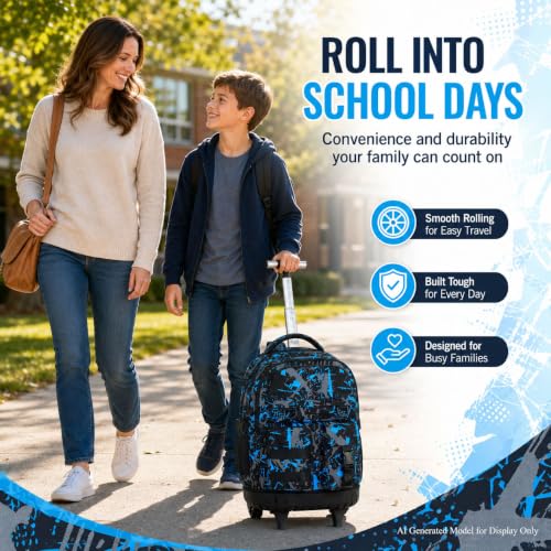 Image of CCJPX Rolling Backpack for Boys, 3Pcs Roller Wheeled School Bookbag, Graffiti Wheels Backpacks with Lunch Box for Kids (Blue)