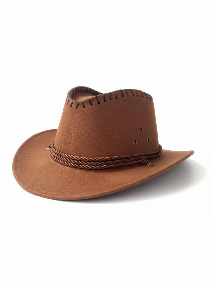Western Cowboy Hat for Men and Women, Brown Faux Leather with Braided Band, Ventilated Design-image-45