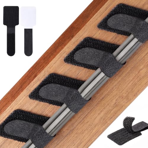 100PCS Cable Management Under Desk Hook and Loop Cable Straps Self Adhesive Cable Organizer Reusable Cable Ties for Cords Home Office TV Computer Car Wire Organizer Black
