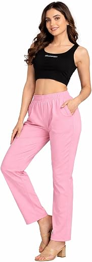 Women’s Rayon Straight Fit Pants with Pockets | Elastic Waist Casual Trousers | Kurti Palazzo Bottom | Ankle Length Comfor...