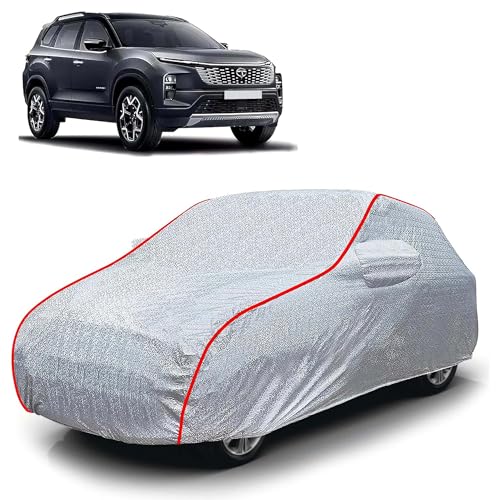 Image of Sulfar 100% Waterproof Car Body Cover Compatible with Mirror for Tata Safari (Triple Stitched, Full Bottom Elastic, Magic Silver with Red Piping)