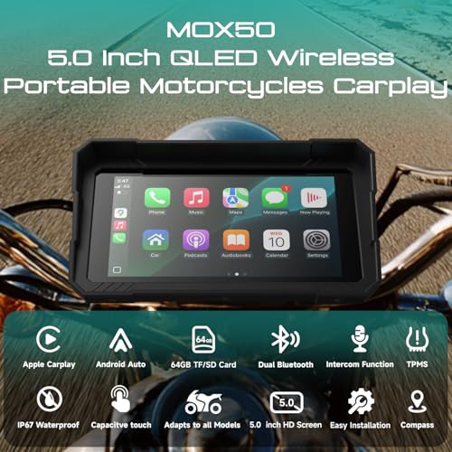 Image of 5.0 inch Wireless Motorcycle CarPlay Screen with TPMS, Model MOX50 | Wireless Apple CarPlay & Android Auto, IP67 Waterproof GPS, Dual Bluetooth, Magnetic Mount, Voice Control.