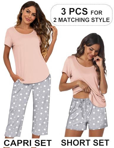 Image of Ekouaer 3 PCS Capri Pajamas for Women Set Short Sleeve Pajama Lounge Sets | Floral Pj Sets Top and Capri Pants Soft Comfy Sleepwear with Pockets for Home, Daily Wear for Mom, Wife, Grandmother