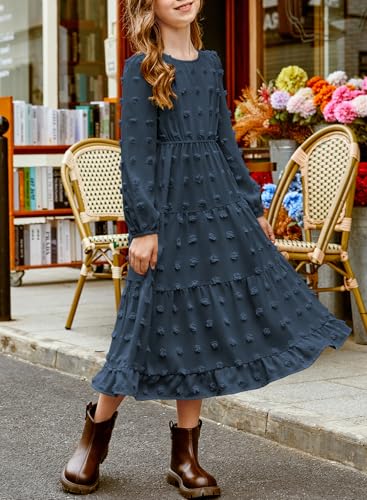 blibean Tween Girls Fall Maxi Dresses Long Sleeve Polka Dot Outfits with Pockets 6-15 Years3