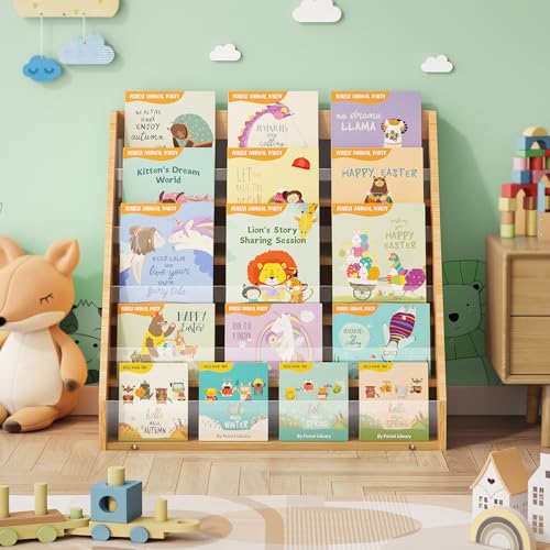 NiHome Bamboo Kids Bookshelf, Book Shelf for Kids Rooms, Encourage Reading with Transparent Front Panel Display for Home, Kindergarten, Nursery, Large Capacity Organizer