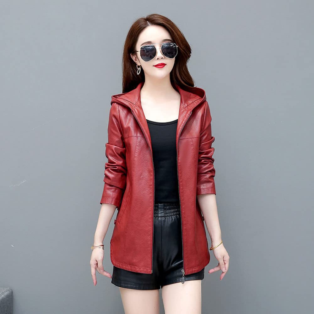 Jacken Damen,Damen Kunstlederjacke Rote Kapuze Warme Übergangsjacke Mit Reißverschlussleiste Seitentasche Knöpfe Unregelmäßiger Saum Freizeit Regular Fit Lederjacke Fahrradjacke Winter Herbst K