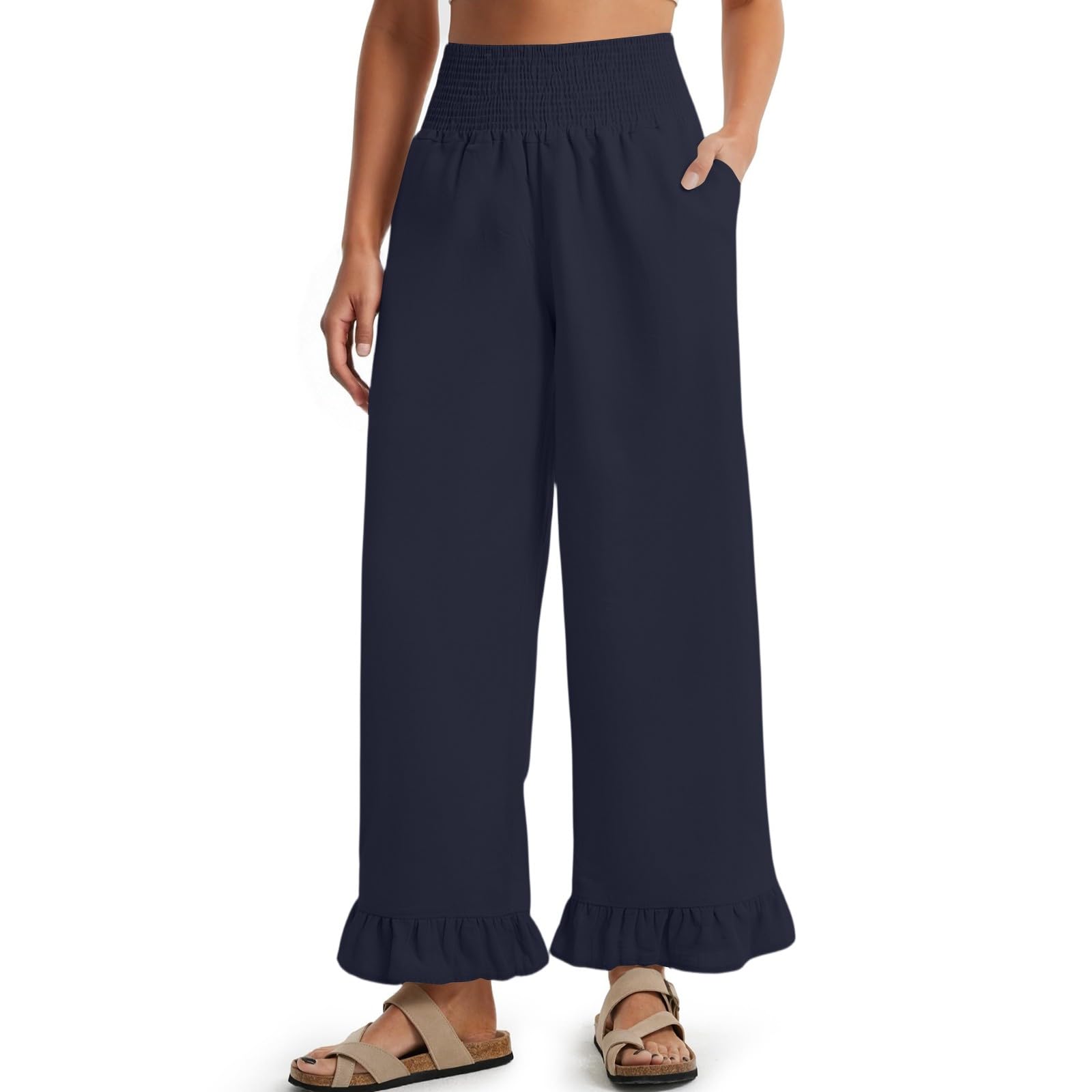 HswsEJ Wide Leg Linen Pants for Women Smocked Waist Ruffle Flowy Summer Pants Beach Casual Cropped Palazzo Trousers with Pockets Pull on Dress Plus Size Boho Pant Tummy Contro Lightweight Travel Pant