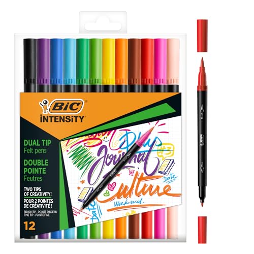 BIC Intensity, Rotuladores Lettering de Doble Punta, Bolígrafo + Pincel, Colores Surtidos, Caja de 12 uds