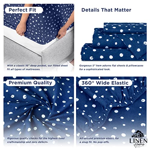 Image of Linen Home Cotton Lyocell Blend Percale Sheet Set Queen Size - 4 Piece Deep Pocket Bedding, Pre-Washed & Shrunk, Crisp Cooling Fabric, Fade-Resistant, Hotel Luxury, Wrinkle-Free - Polka Navy