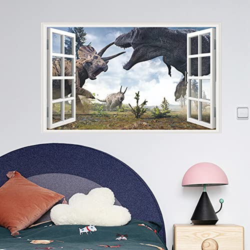 3D Watercolour Dinosaur World Fake Windows Wall Sticker,Self-Adhesive Removable Open Windows Wall Decals For Kids Nursery Bedroom Playroom Home Classroom Decor（27"X17"） #TOP2