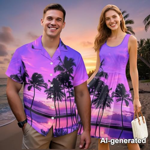 Image of Hawaii Matching Couple Outfits Husband and Wife Clothing Fashionable Mens Casual Shirts Hawaii Dress with Soft Fabric