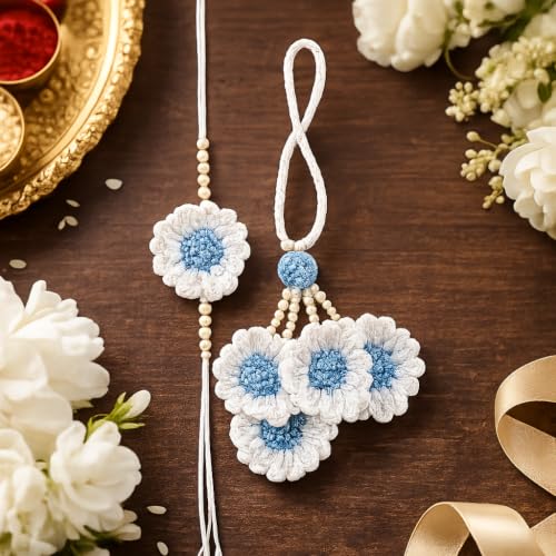 Image of Handmade Crochet White Sky Blue Flower Rakhi for Brother | Premium Cotton Thread Floral Designer Rakhi with Pearl Beads | Soft Skin-Friendly Lightweight Raksha Bandhan | Traditional Handcrafted Gift