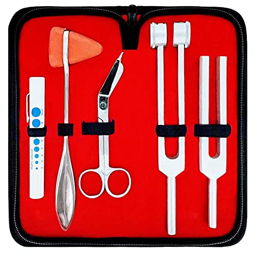 DEXSUR - DEXSUR Kit de diagnostic – Percussion Taylor Reflex Marteau + Fourches d'accordage C 128 & C 512 + Ciseaux à bandage + Lampe de jauge de pupille dans un étui de transport – Lot de 6 pièces – Argent