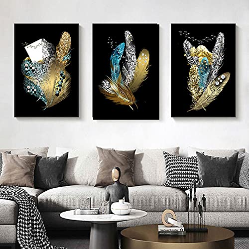 Art mural triptyque peinture sur toile moderne plume doree salon sans cadre