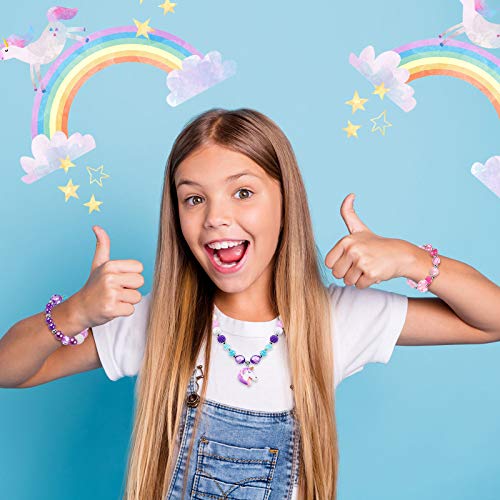 8 Pieces Girls Jewelry Toddler Jewelry Unicorn Necklace Mermaid Bracelet Rainbow Heart Princess Pendants Colorful Beaded Bracelet Little Girls Jewelry For Easter Christmas Party Favors #TOP6