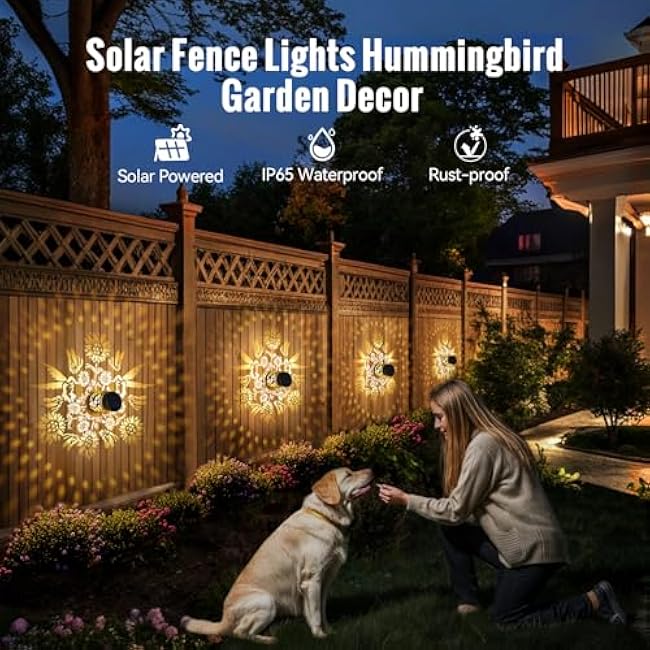 Outdoor Fence Lights Solar Powered, 4 Pack Solar Wall Deck Step Lights Outdoor Waterproof IP65, Hummingbird Sunflower Themed Garden Decorations Decorative for Outside Front Door, Yard, Porch, Deck