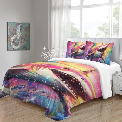 Parure de lit grand requin blanc 3D en microfibre 140x200 cm avec taies