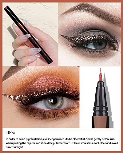 Lysdefeu Bronze Glitter Eyeliner Liquid Liner,1Pcs Brown Sparkle Shimmer Metallic Pearlescent Eye Liner Waterline Eyeshadow Pen, Long Lasting High Pigmented Waterproof Smudge-Proof Eyeliner Pencil #TOP1