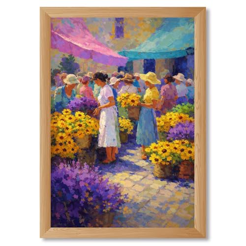 Framed Farmers Market Scene Canvas Print Art Poster Painting Prints Wall Art for Living Room & Kitchen Home Decor Pictures Wall Decor Vintage Rustic Summer Flower Display Art Print (Wood Framed,8"Lx12"W)
