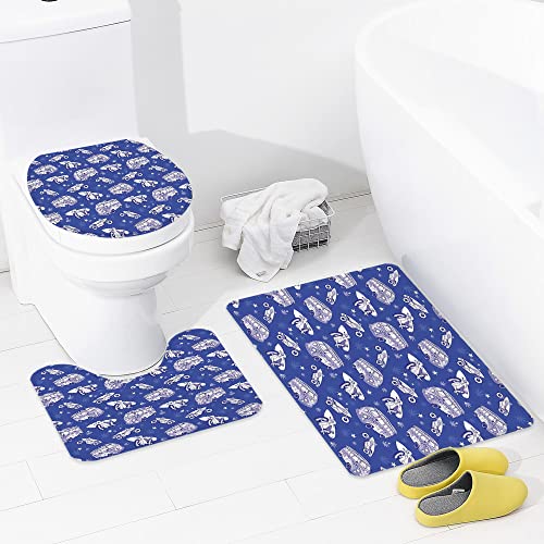 Alfombra de baño de 3 Piezas,Tabla de surf, tablas de surf en hippie autobús motocicleta Hawaii California diseño gráfico, vio,Alfombra de Ducha con Espuma de Memoria Alfombra de baño de Secado rápido