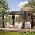 10' × 10' Louvered Pergola, Outdoor Aluminium Canopy with Adjustable Roof Curtains and Netting for Patio, Deck, Garden, Yard, Beach. (Black)
