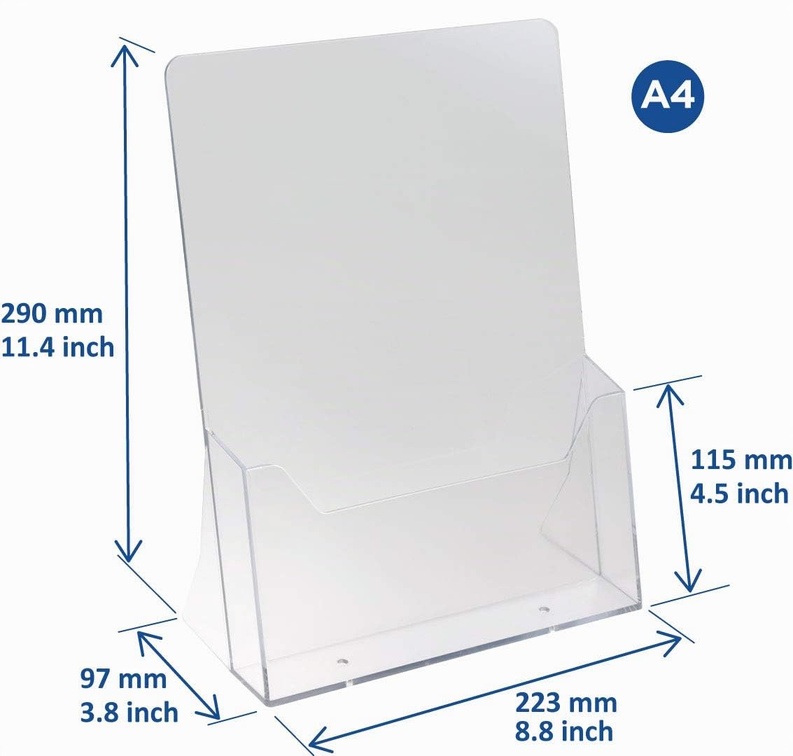 Europel Porte-brochure Format 1/4 A4, Acrylique transparent, Présentoir, Distributeur, Dépliants et Menus, Bureau, Hôtel, Restaurant, Salon, Conférence, Café, Publicités (Lot de 4)