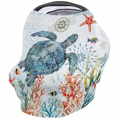 Red Coral Retro Nautical Style Summer Ocean Nursing Cover for Breastfeeding Scarf, Blue Turtle Baby Car Covers Super Soft Multi Use for Canopy Shopping Cart Cover Blanket Stroller Cover