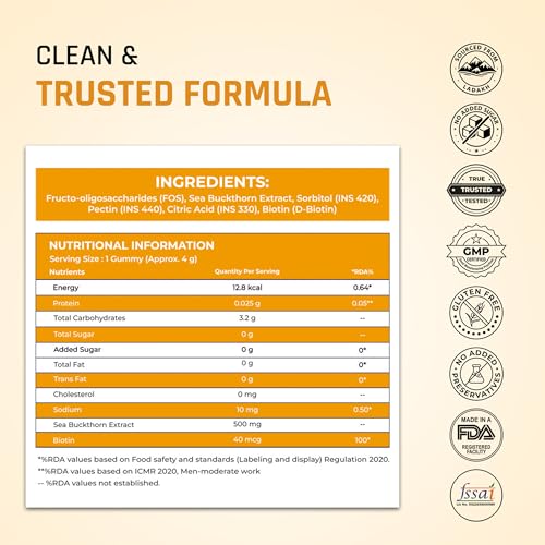 Image of Naturaltein Sea Buckthorn Gummies with Biotin | 30 Gummies | Rich in Vitamin C, A, E & B-Complex | Naturally Occurring Antioxidants, Minerals & Amino Acids | Omega 3, 6, 7 & 9 | 500mg Extract + 40mcg Biotin | Supports Hair, Skin & Nails | No Added Sugar