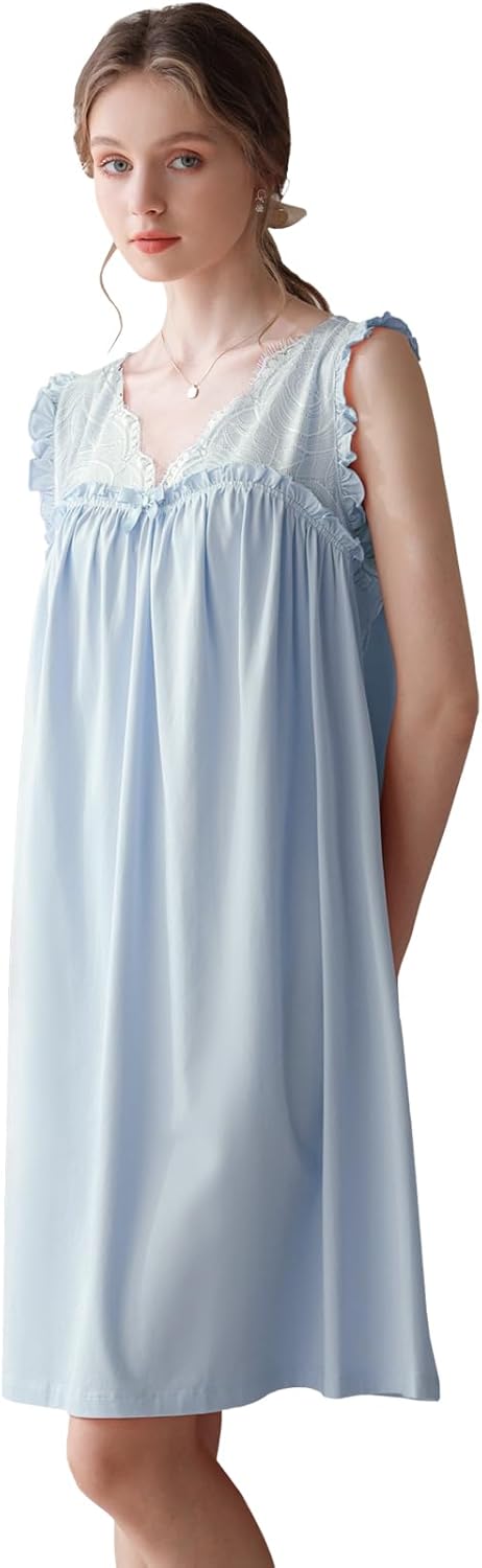 Nanxson Women's Knitted Cotton Nightgown Sleepwear Sleeveless Sleep Dress V Neck Lace Nightwear Victorian Loungewear - Image 2