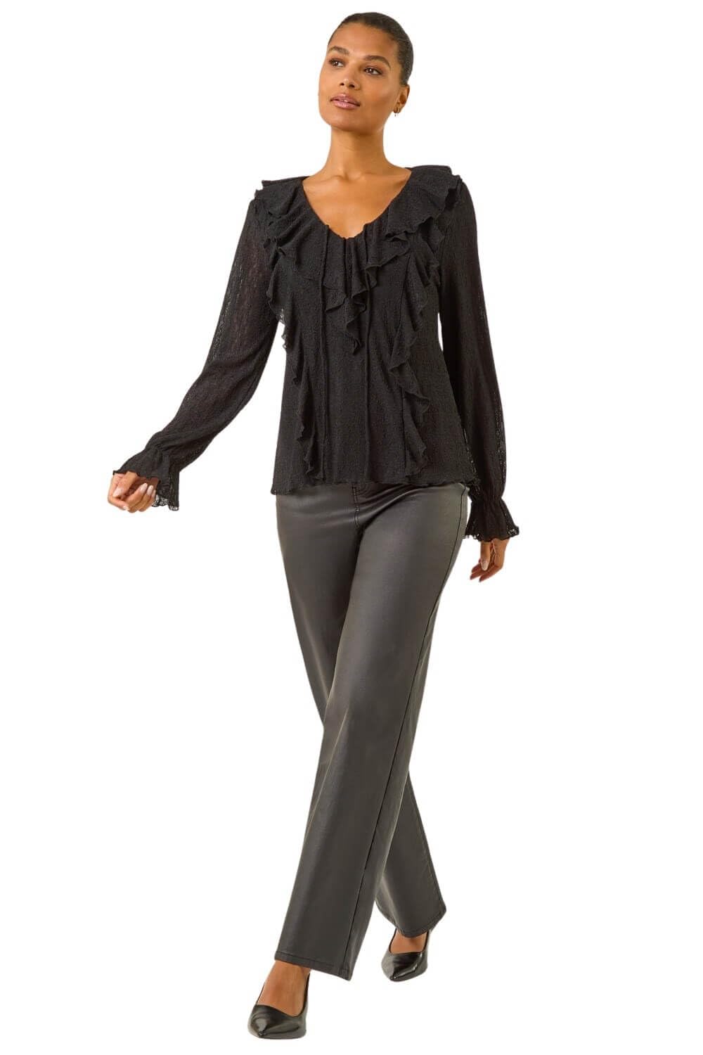 Roman Originals Women's Obsidian Ruffle Front V-Neck Satin Blouse For Uk - Everyday Autumn Winter V-Neckline Comfy Soft Evening Vacation Work Party Night Out - Size 20