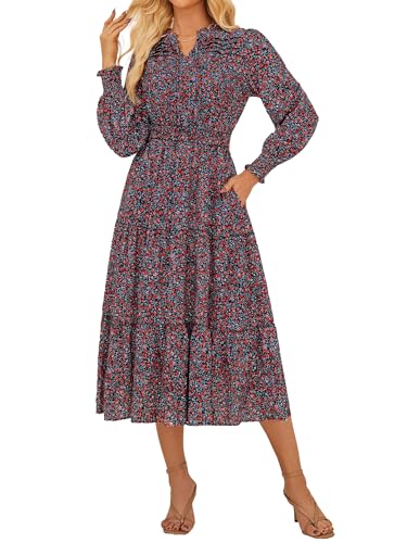 GRACE KARIN Damen Blumenkleid Elegant V Ausschnitt Langarm mit Rüschen Midikleid M Schwarz und Rot