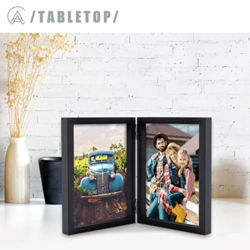 Aevete 5X7 Picture Frames Double Hinged Wood Folding Photo Frames Vertical With Real Glass Front, Black #TOP3