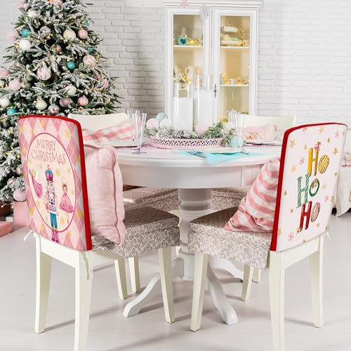 Image of Christmas Chair Covers Set of 6 Pink Nutcracker Christmas Tree Chair Back Covers Holiday Dining Chair Slipcovers Protector Kitchen Dining Room Decor Festival Party Decoration