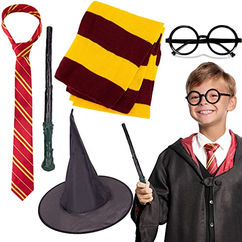 Novelty Scarf Wizard 5 pcs Costume Cosplay Set for Harry Unique Potter Party - Halloween Christmas Birthday Gifts for Boys and Girls - Striped Tie, Glasses Frame, Wizard Hat, Magic Wand and Knit Scarf (no robe)