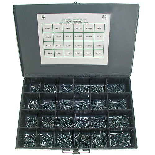 Northeast Fasteners Tapping Screw Assortment, Hex Washer Head Screws with 24 Hole Metal Storage Bin, 600 Pieces